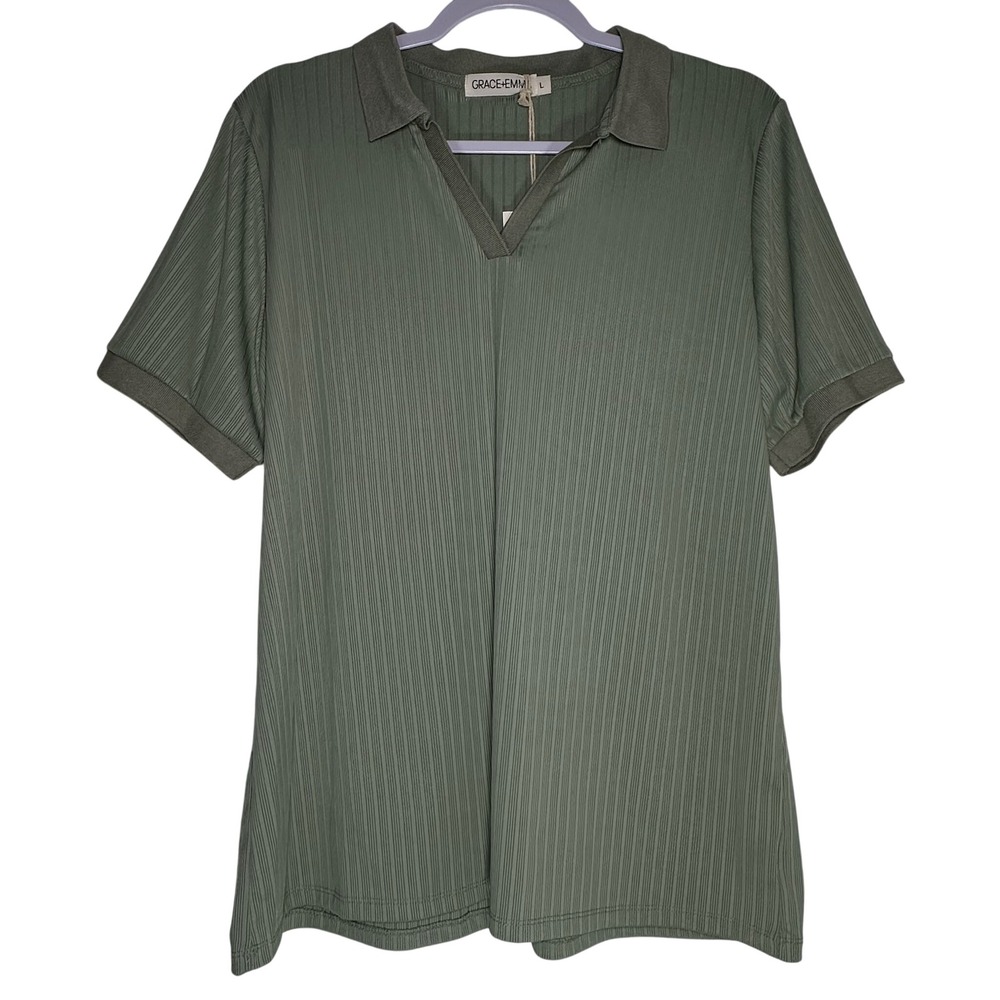 Grace+Emma Womens Ribbed Polo Shirt Olive Green V-Neck Short Sleeve Size‎ L NEW